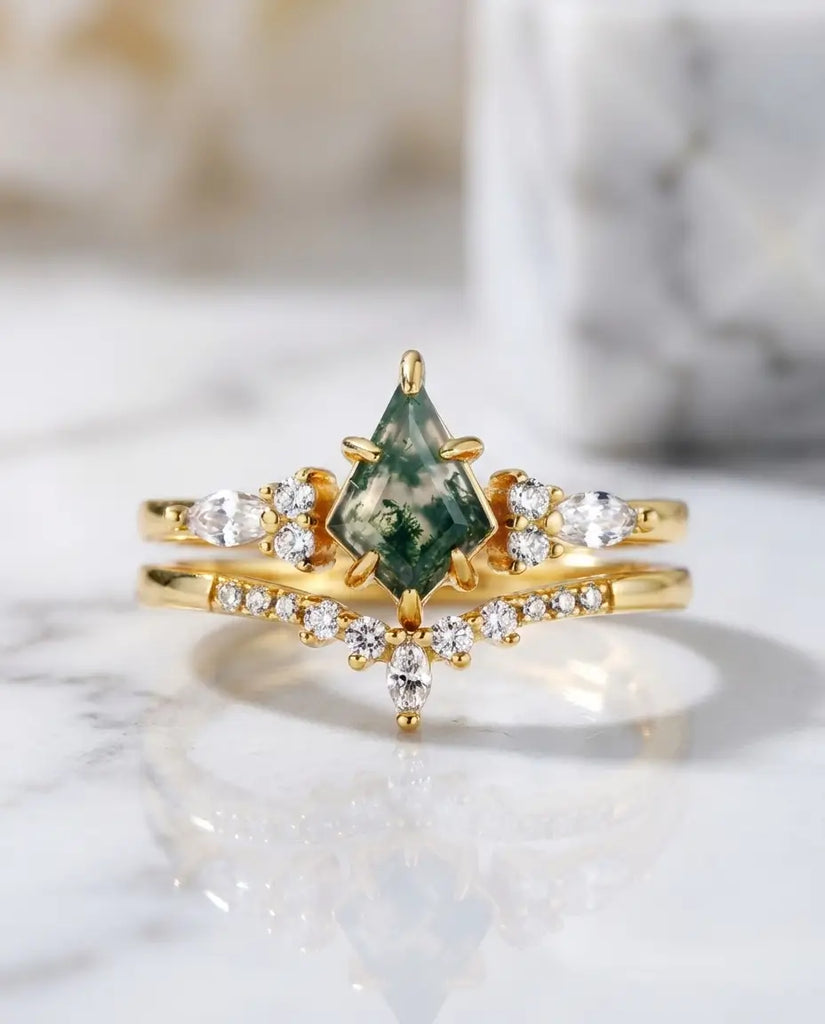 Kite Cut Moss Agate Wedding Set - Sterling Silver Stacking Rings IfShe Jewelry