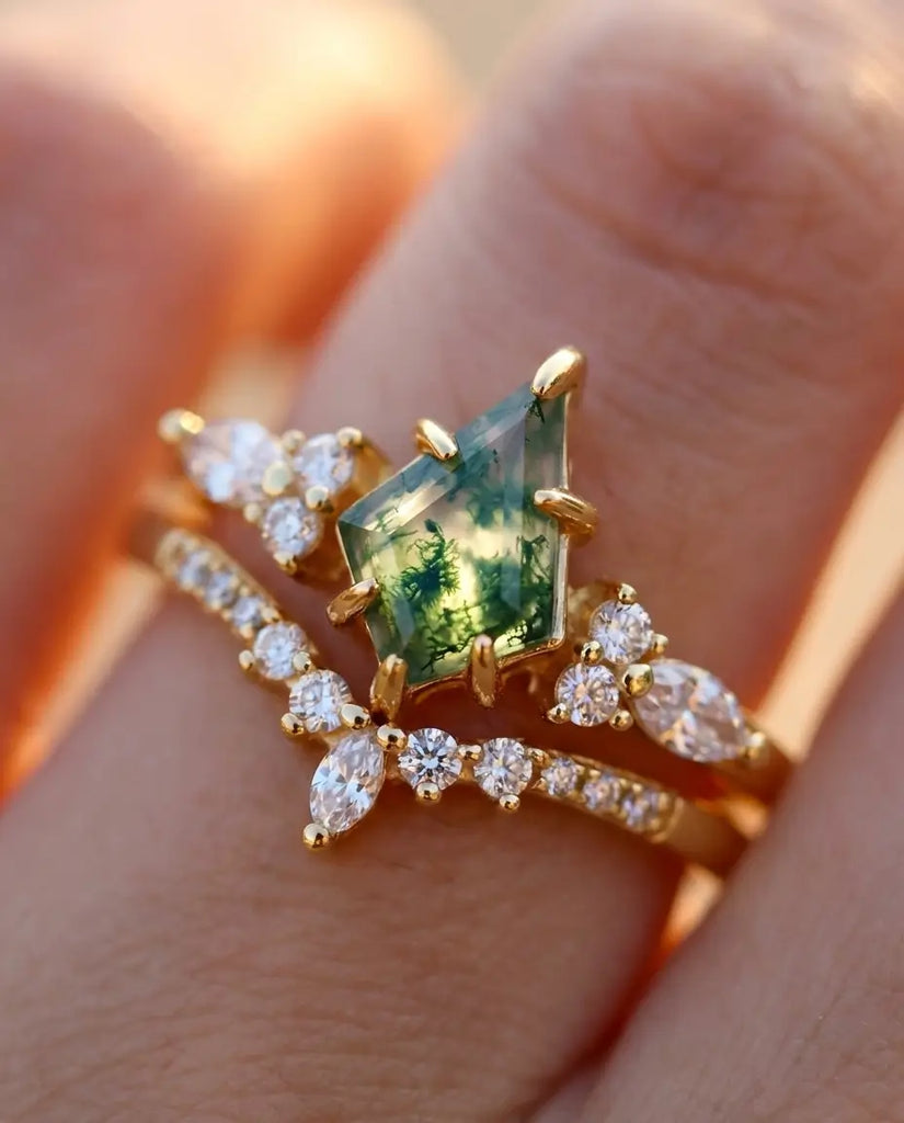 Kite Cut Moss Agate Wedding Set - Sterling Silver Stacking Rings IfShe Jewelry