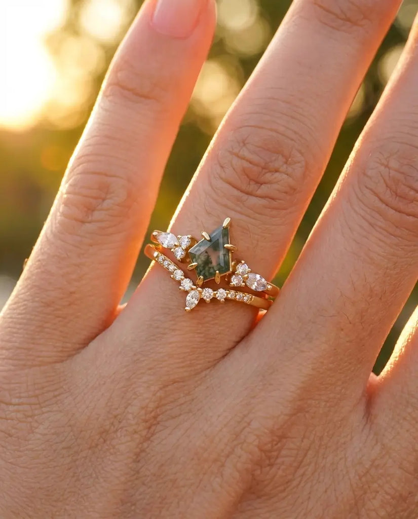 Kite Cut Moss Agate Wedding Set - Sterling Silver Stacking Rings IfShe Jewelry