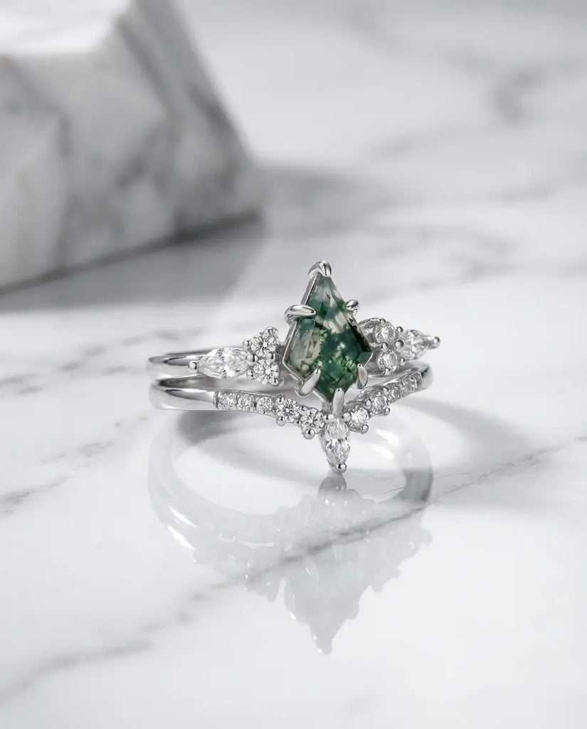 Kite Cut Moss Agate Wedding Set - Sterling Silver Stacking Rings IfShe Jewelry