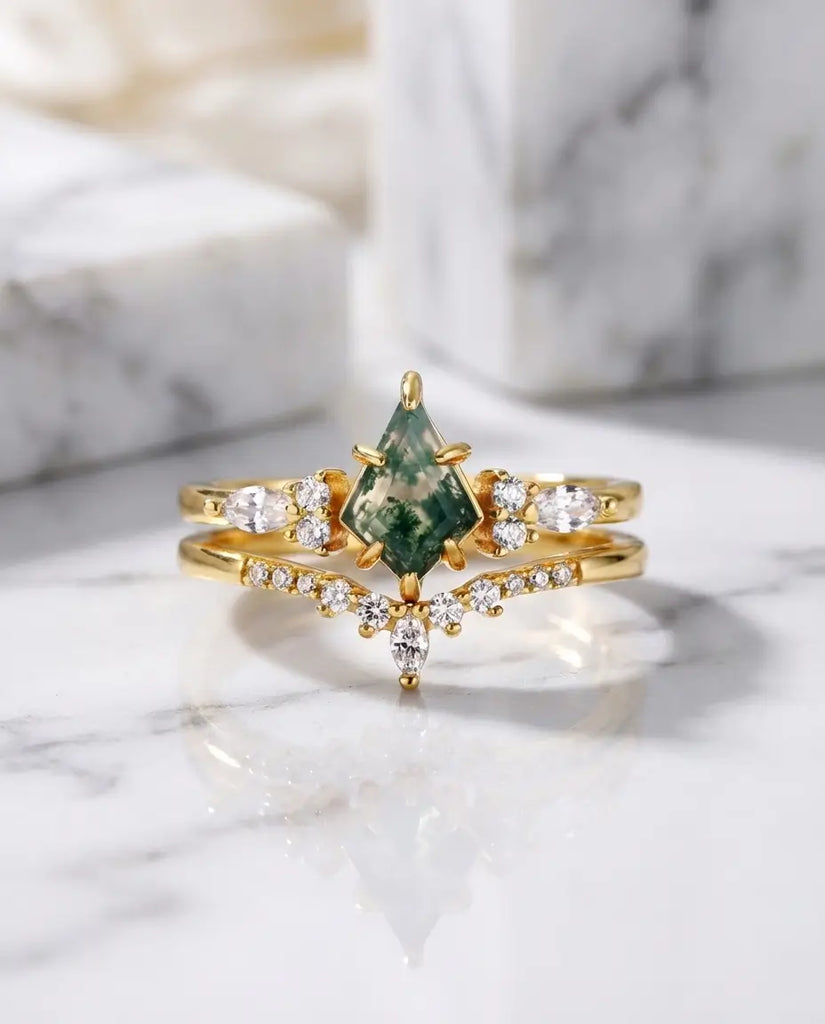 Kite Cut Moss Agate Wedding Set - Sterling Silver Stacking Rings IfShe Jewelry