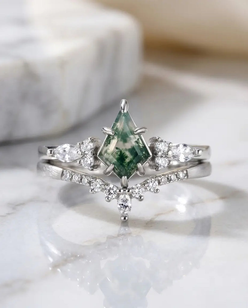 Kite Cut Moss Agate Wedding Set - Sterling Silver Stacking Rings IfShe Jewelry