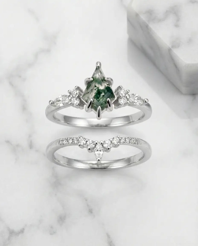 Kite Cut Moss Agate Wedding Set - Sterling Silver Stacking Rings IfShe Jewelry