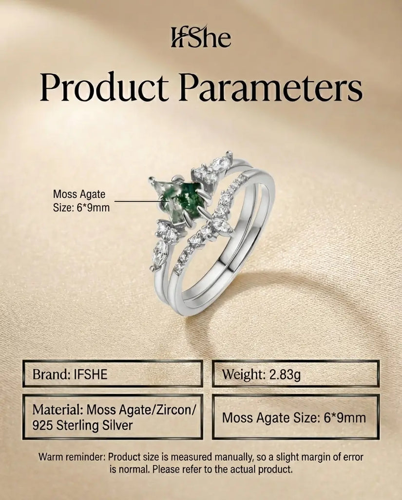 Kite Cut Moss Agate Wedding Set - Sterling Silver Stacking Rings IfShe Jewelry