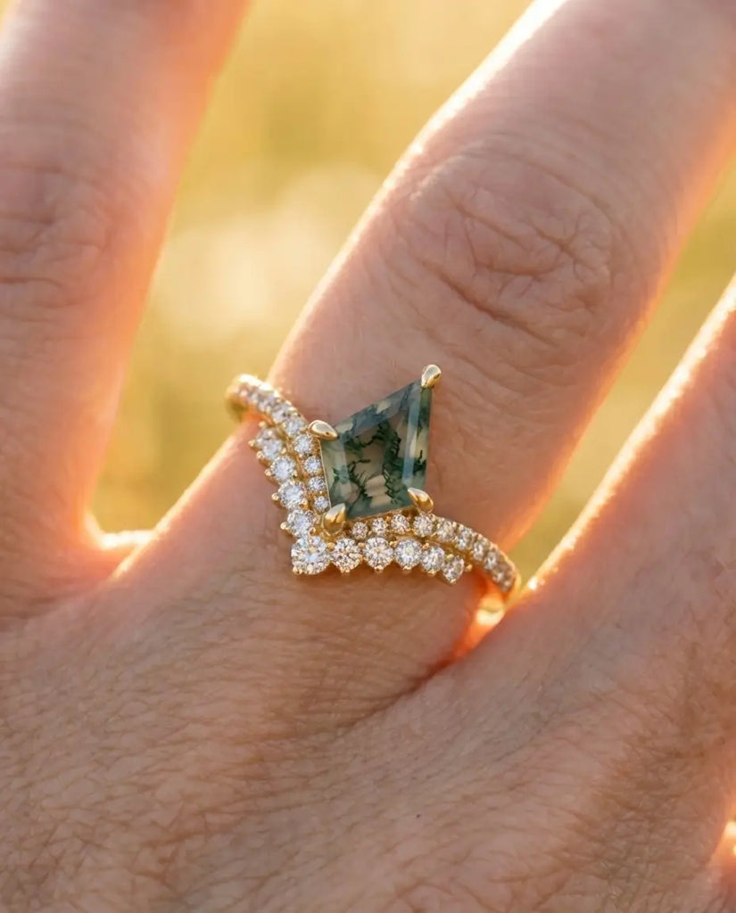 Kite Moss Agate Ring - Art Deco Style Silver & Gold Vermeil IfShe Jewelry