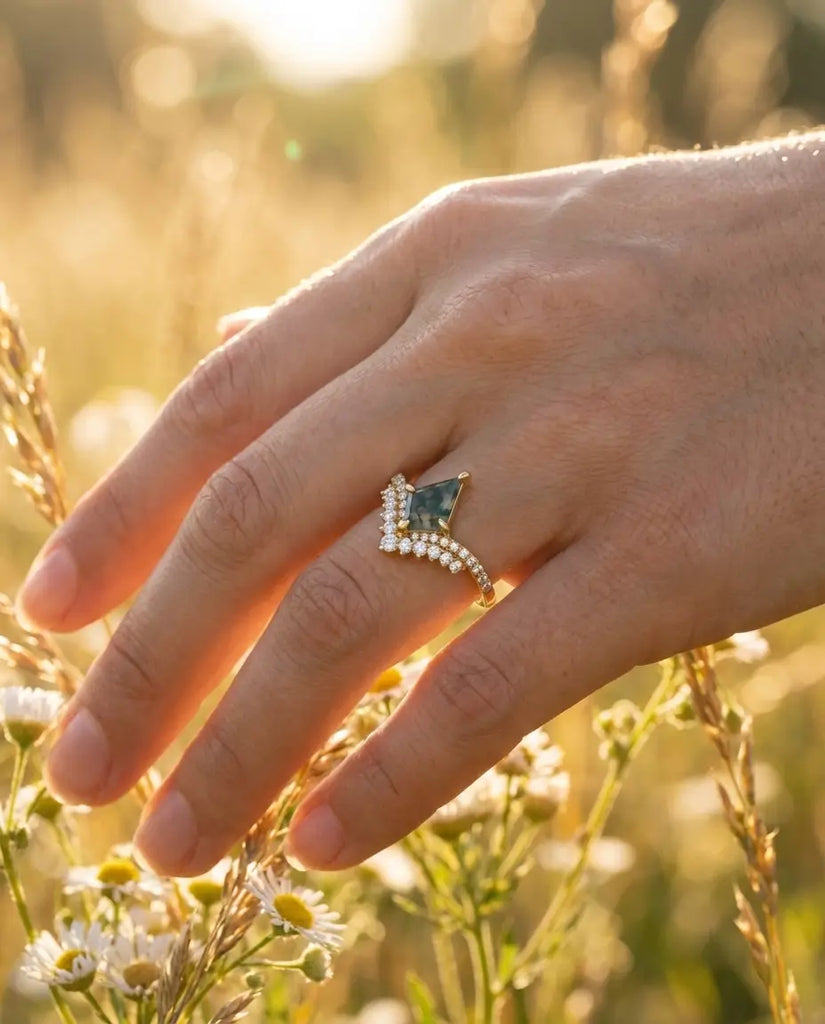 Kite Moss Agate Ring - Art Deco Style Silver & Gold Vermeil IfShe Jewelry