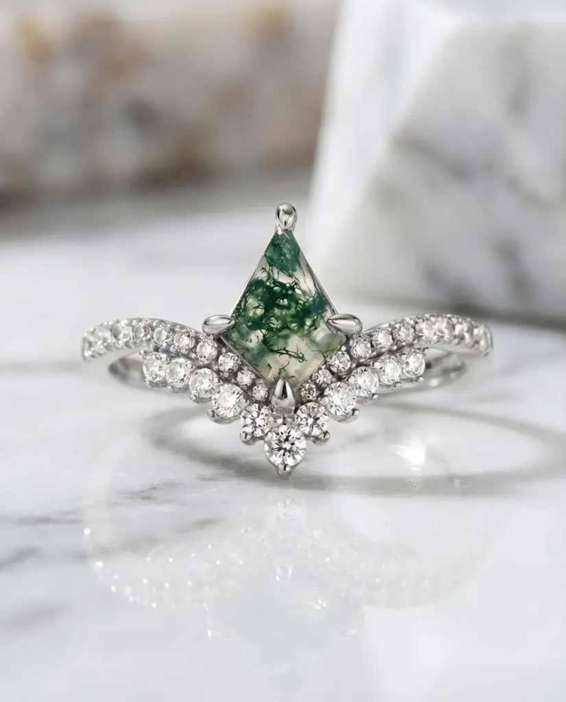 Kite Moss Agate Ring - Art Deco Style Silver & Gold Vermeil IfShe Jewelry