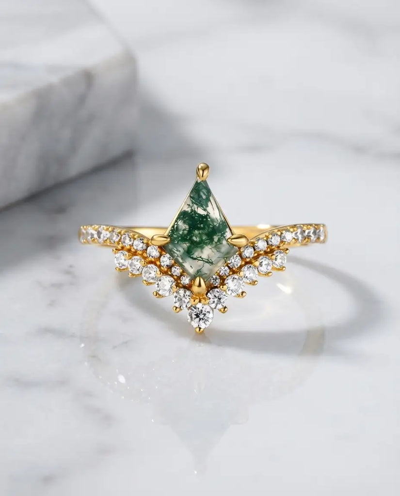 Kite Moss Agate Ring - Art Deco Style Silver & Gold Vermeil IfShe Jewelry