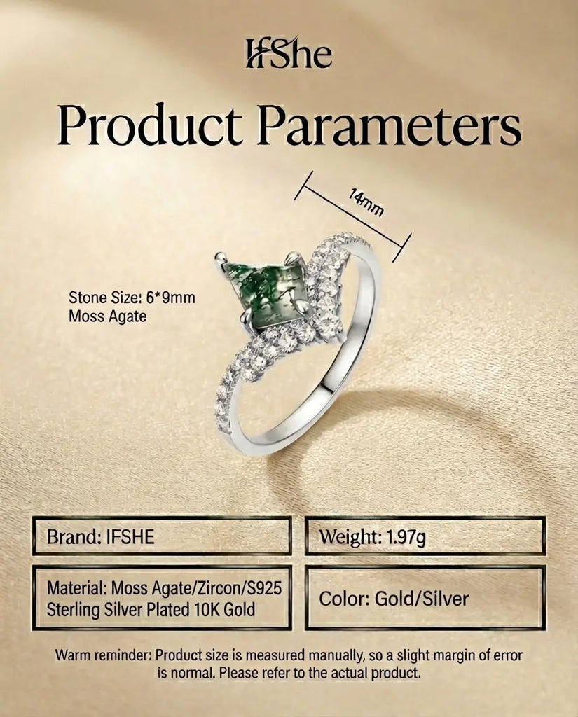 Kite Moss Agate Ring - Art Deco Style Silver & Gold Vermeil IfShe Jewelry