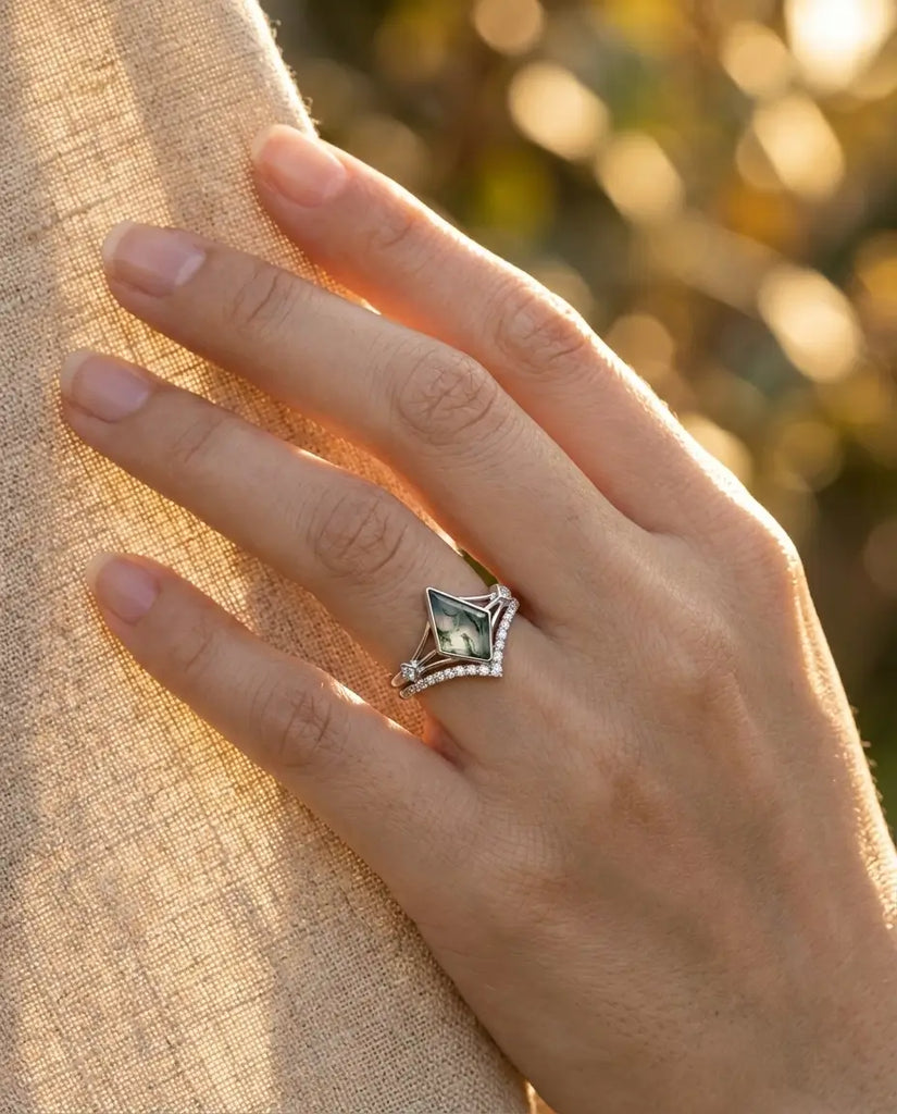 Kite Moss Agate Wedding Set - Geometric Sterling Silver Ring Stack IfShe Jewelry