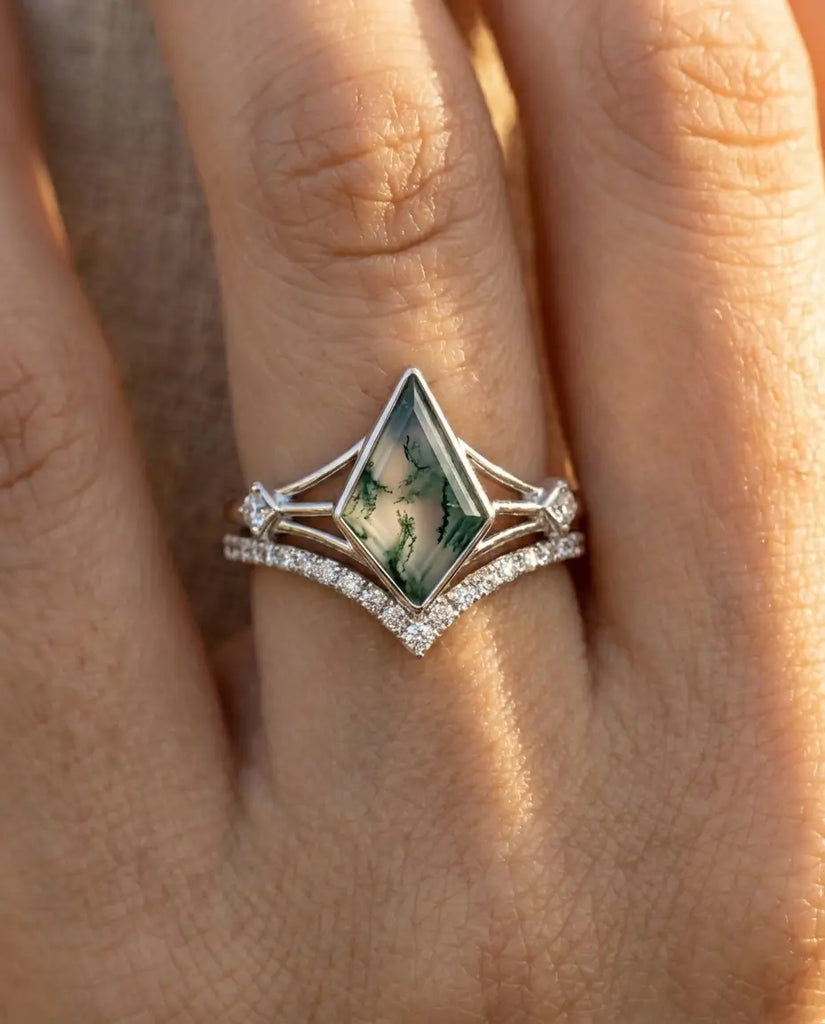 Kite Moss Agate Wedding Set - Geometric Sterling Silver Ring Stack IfShe Jewelry