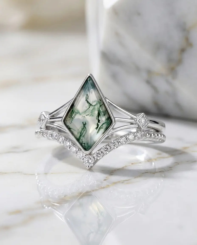 Kite Moss Agate Wedding Set - Geometric Sterling Silver Ring Stack IfShe Jewelry