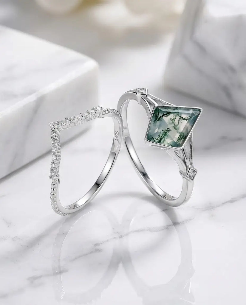 Kite Moss Agate Wedding Set - Geometric Sterling Silver Ring Stack IfShe Jewelry