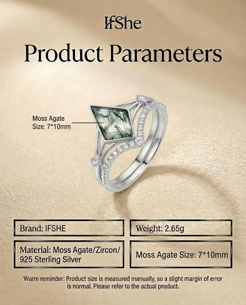 Kite Moss Agate Wedding Set - Geometric Sterling Silver Ring Stack IfShe Jewelry