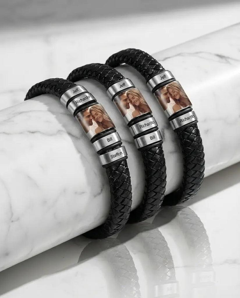 Men's Custom Photo Bracelet - Braided Leather with Engraved Name Beads IfShe Jewelry