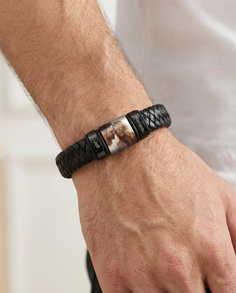 Men's Custom Photo Bracelet - Braided Leather with Engraved Name Beads IfShe Jewelry