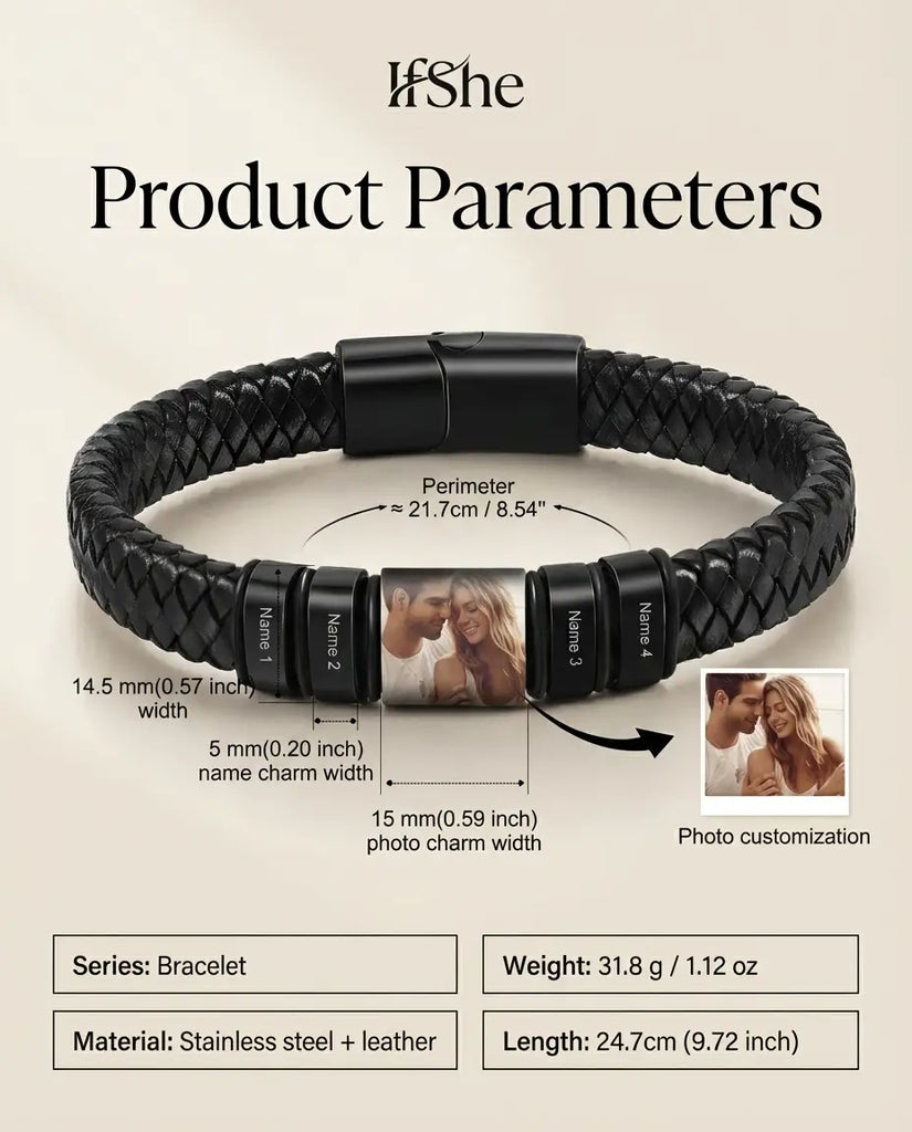 Men's Custom Photo Bracelet - Braided Leather with Engraved Name Beads IfShe Jewelry