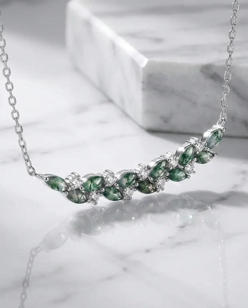 Moss Agate Branch Necklace - Marquise Cut Green Gemstone Bar IfShe Jewelry