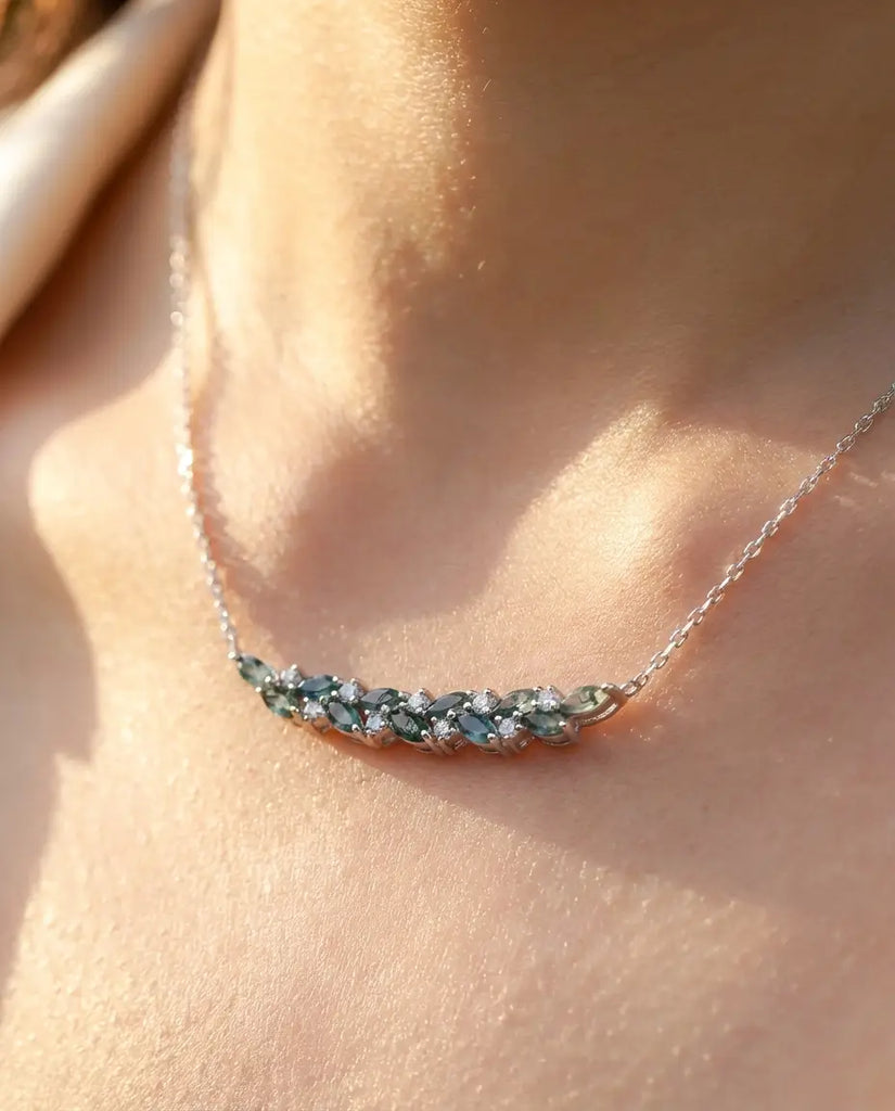 Moss Agate Branch Necklace - Marquise Cut Green Gemstone Bar IfShe Jewelry