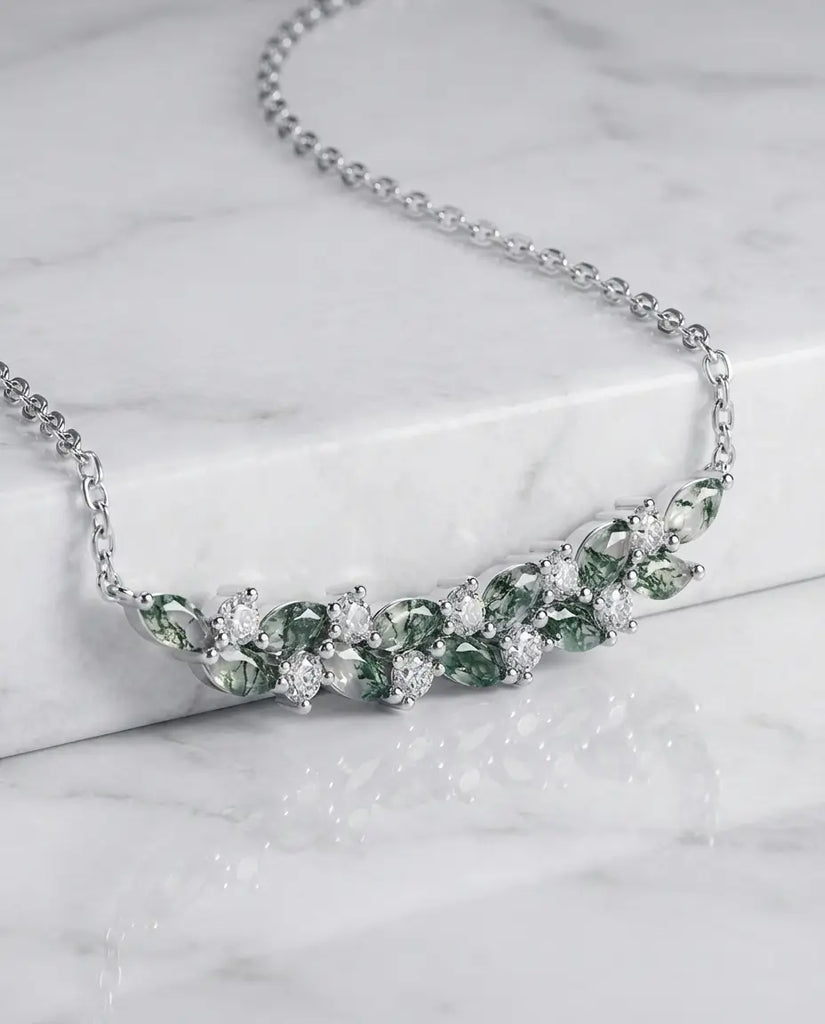 Moss Agate Branch Necklace - Marquise Cut Green Gemstone Bar IfShe Jewelry