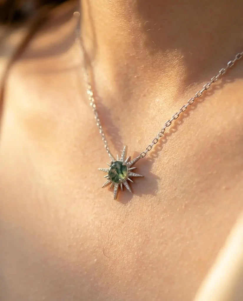 Moss Agate Sunburst Necklace - Sterling Silver Celestial Pendant IfShe Jewelry