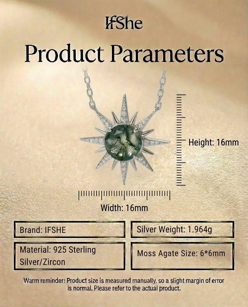 Moss Agate Sunburst Necklace - Sterling Silver Celestial Pendant IfShe Jewelry