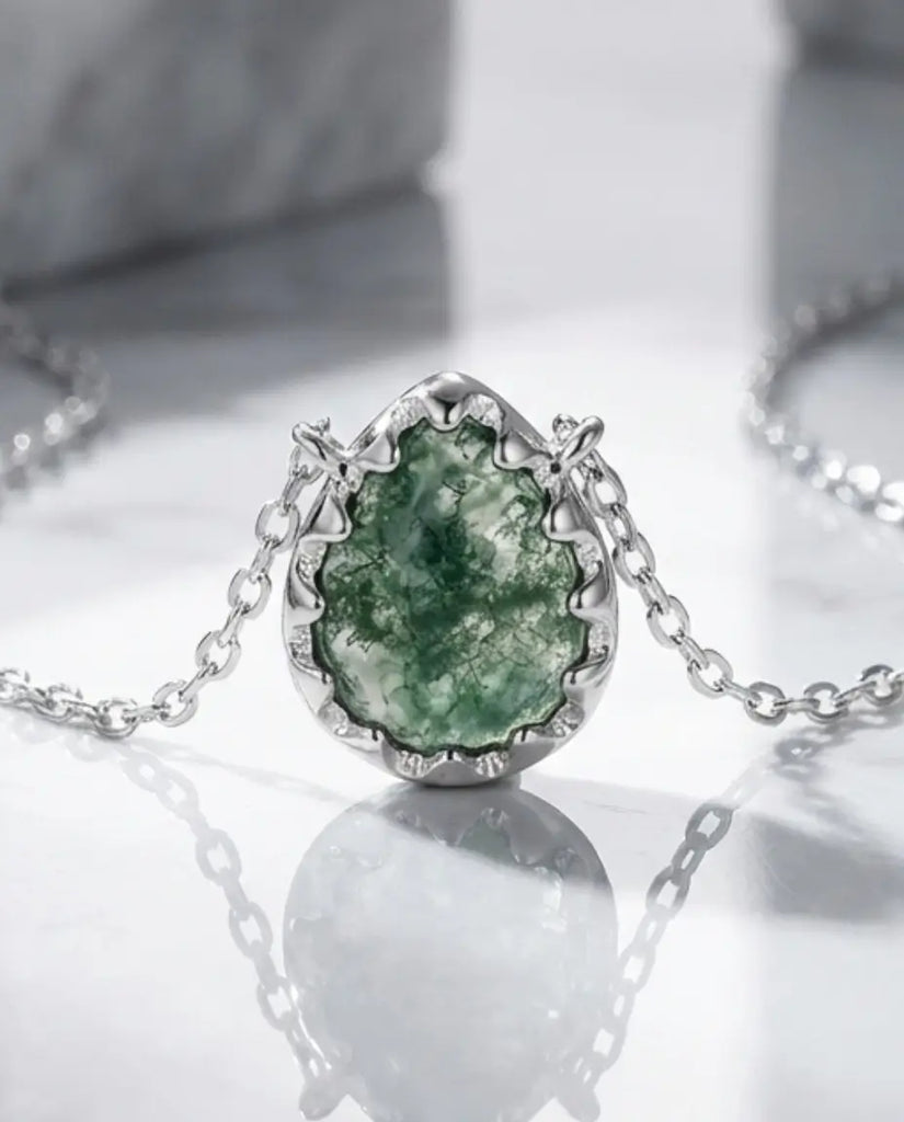 Natural Moss Agate Teardrop Necklace - Sterling Silver Pendant IfShe Jewelry
