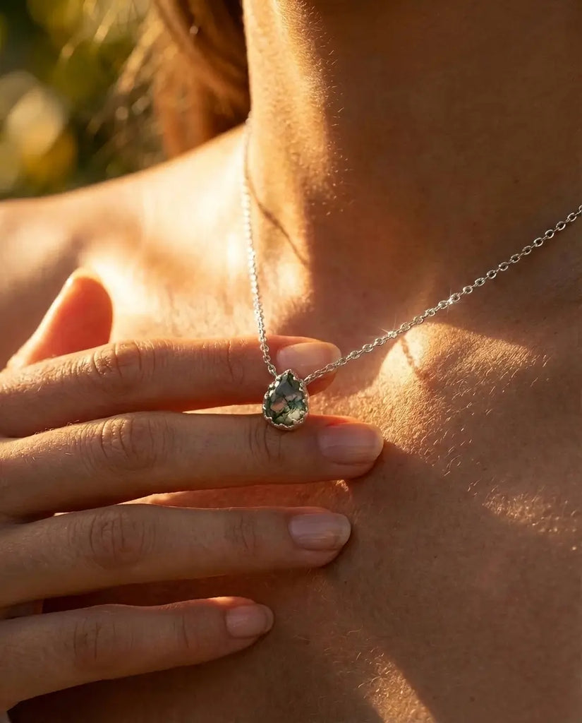 Natural Moss Agate Teardrop Necklace - Sterling Silver Pendant IfShe Jewelry