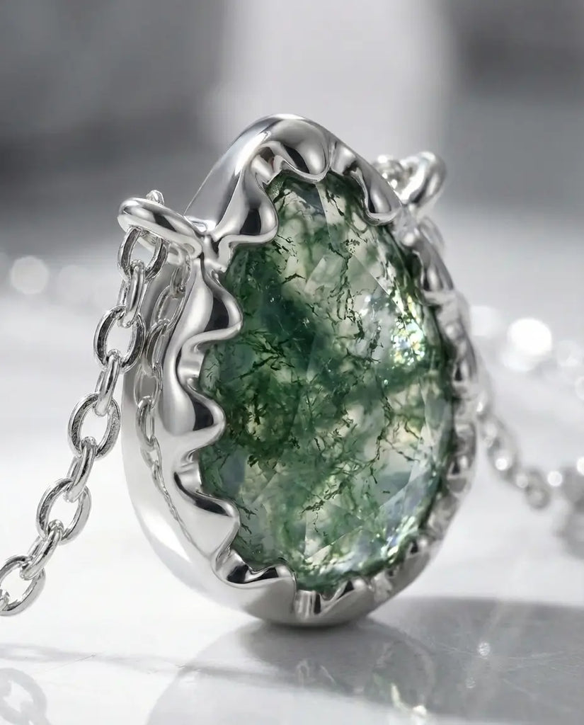 Natural Moss Agate Teardrop Necklace - Sterling Silver Pendant IfShe Jewelry