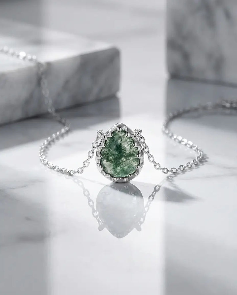Natural Moss Agate Teardrop Necklace - Sterling Silver Pendant IfShe Jewelry