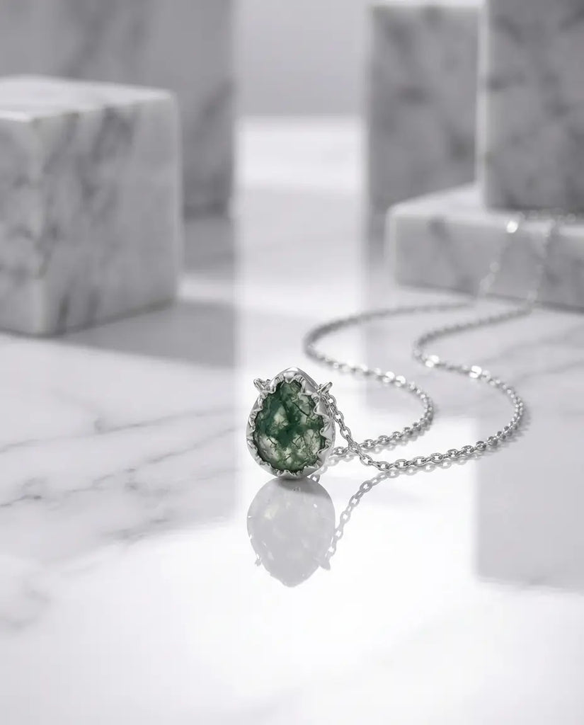 Natural Moss Agate Teardrop Necklace - Sterling Silver Pendant IfShe Jewelry