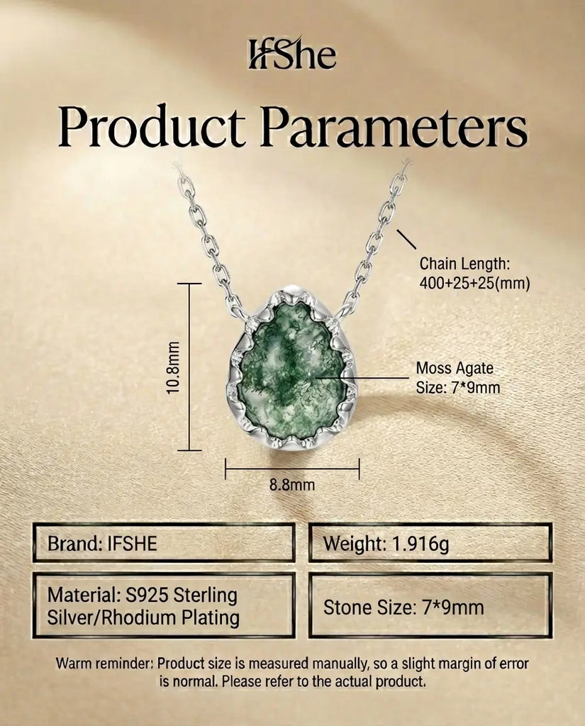 Natural Moss Agate Teardrop Necklace - Sterling Silver Pendant IfShe Jewelry