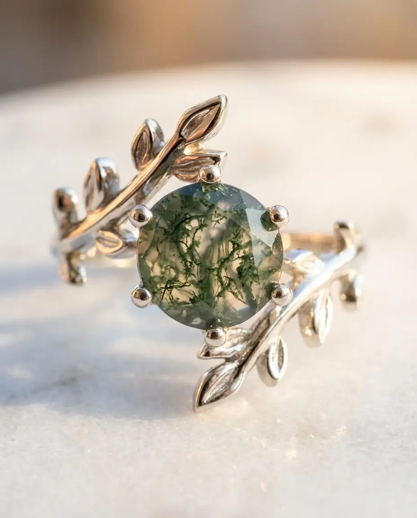 Nature-Inspired Leaf Moss Agate Ring - Sterling Silver Twig Solitaire IfShe Jewelry