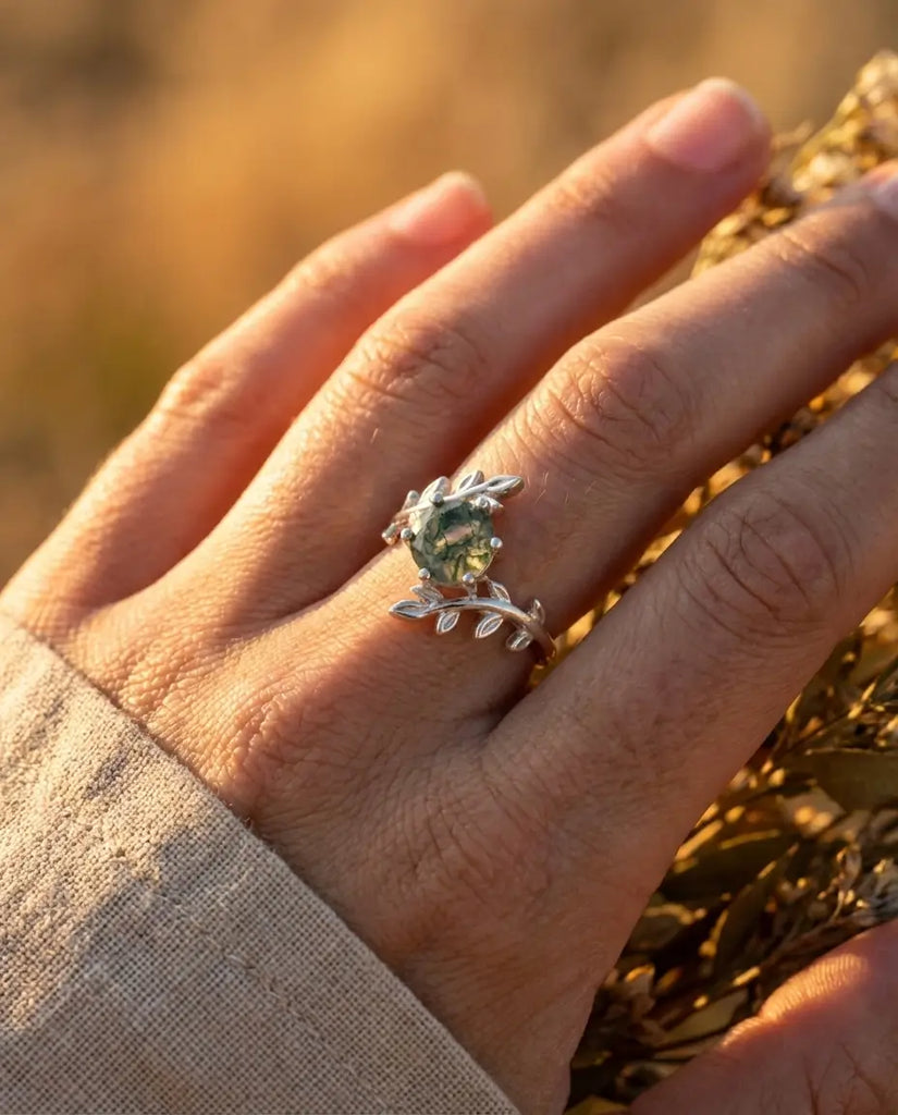 Nature-Inspired Leaf Moss Agate Ring - Sterling Silver Twig Solitaire IfShe Jewelry