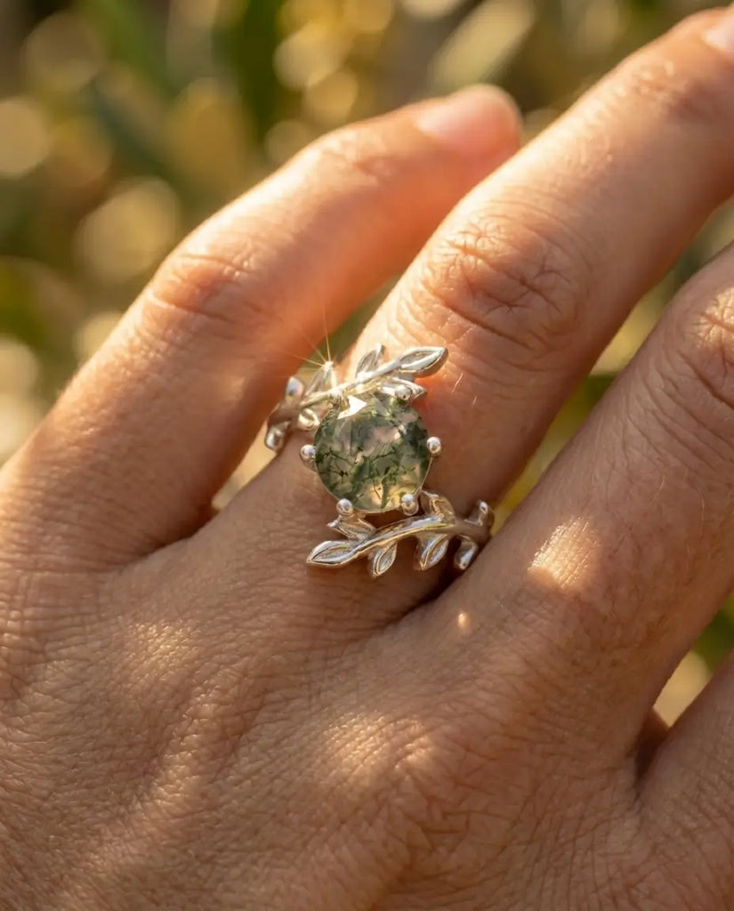 Nature-Inspired Leaf Moss Agate Ring - Sterling Silver Twig Solitaire IfShe Jewelry
