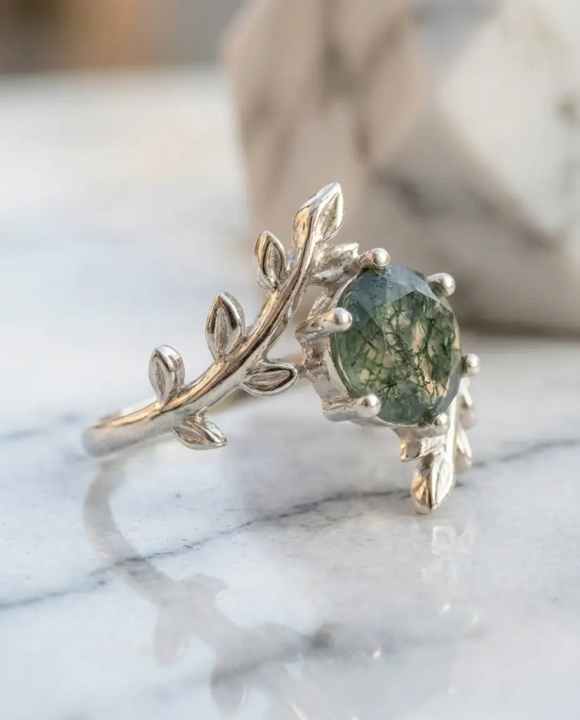 Nature-Inspired Leaf Moss Agate Ring - Sterling Silver Twig Solitaire IfShe Jewelry
