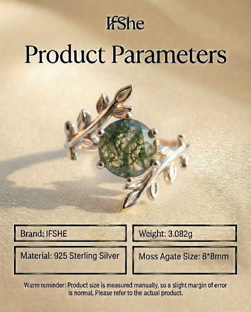 Nature-Inspired Leaf Moss Agate Ring - Sterling Silver Twig Solitaire IfShe Jewelry