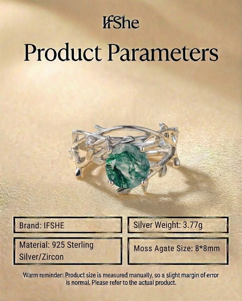Nature-Inspired Moss Agate Ring Set - Adjustable Twig Design in Sterling Silver IfShe Jewelry