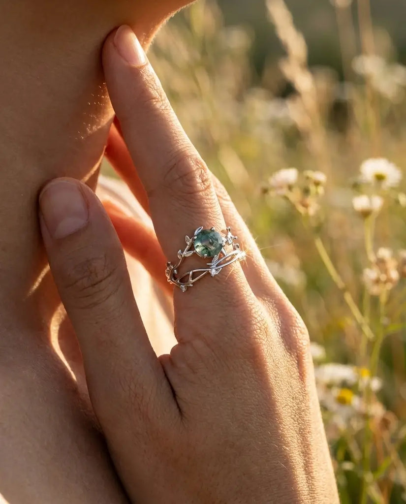 Nature-Inspired Moss Agate Ring Set - Adjustable Twig Design in Sterling Silver IfShe Jewelry