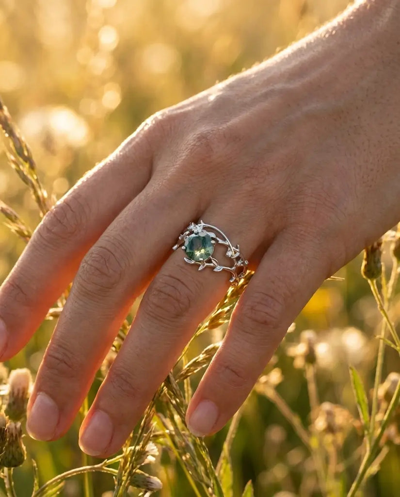 Nature-Inspired Moss Agate Ring Set - Adjustable Twig Design in Sterling Silver IfShe Jewelry