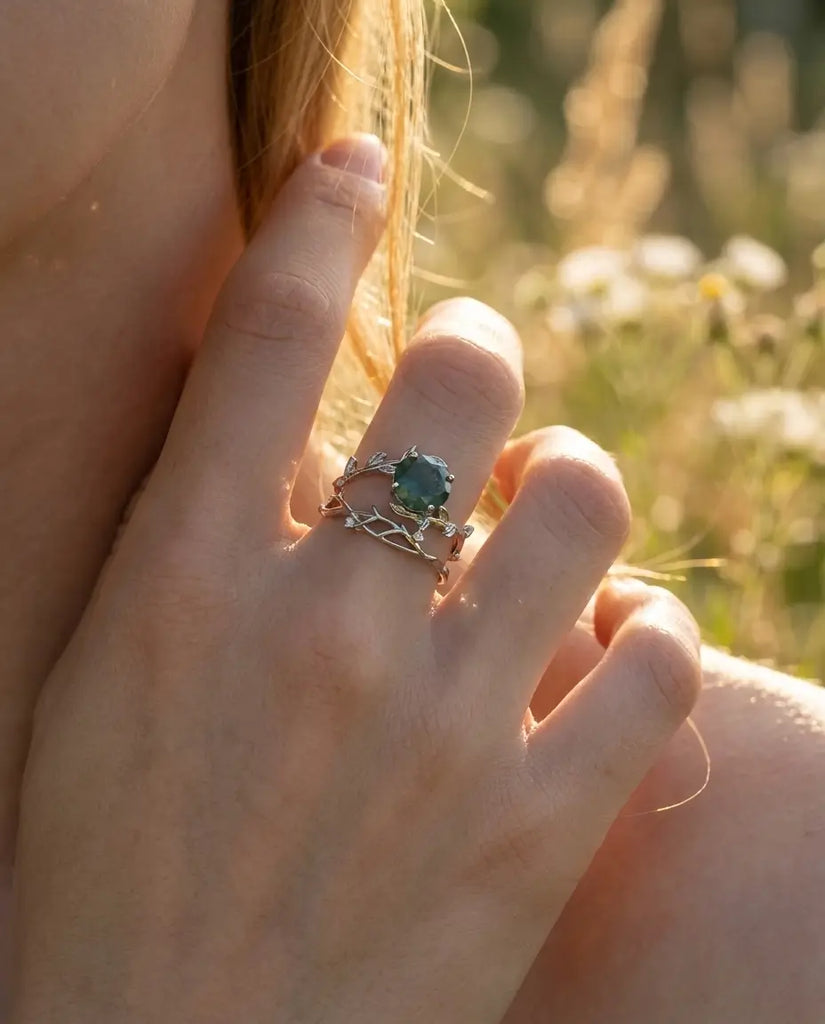 Nature-Inspired Moss Agate Ring Set - Adjustable Twig Design in Sterling Silver IfShe Jewelry