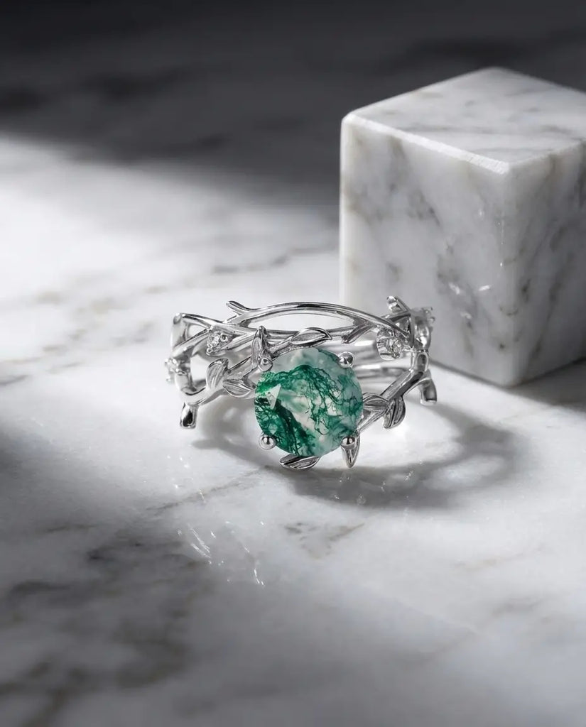 Nature-Inspired Moss Agate Ring Set - Adjustable Twig Design in Sterling Silver IfShe Jewelry