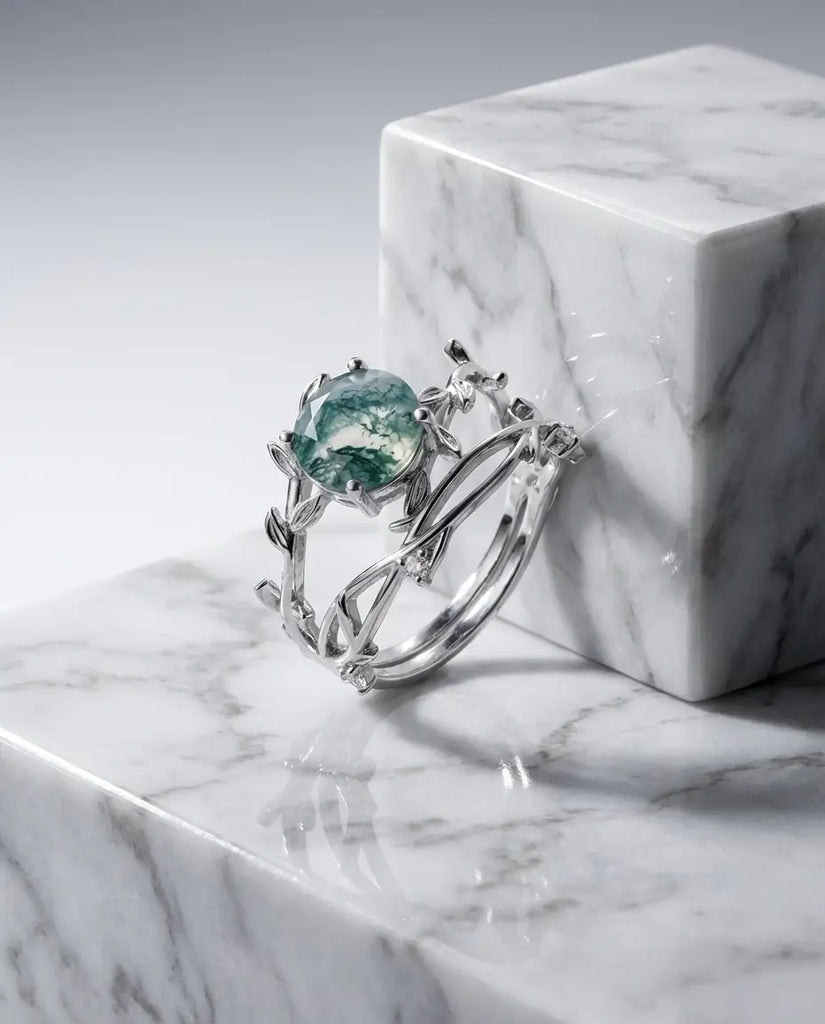 Nature-Inspired Moss Agate Ring Set - Adjustable Twig Design in Sterling Silver IfShe Jewelry
