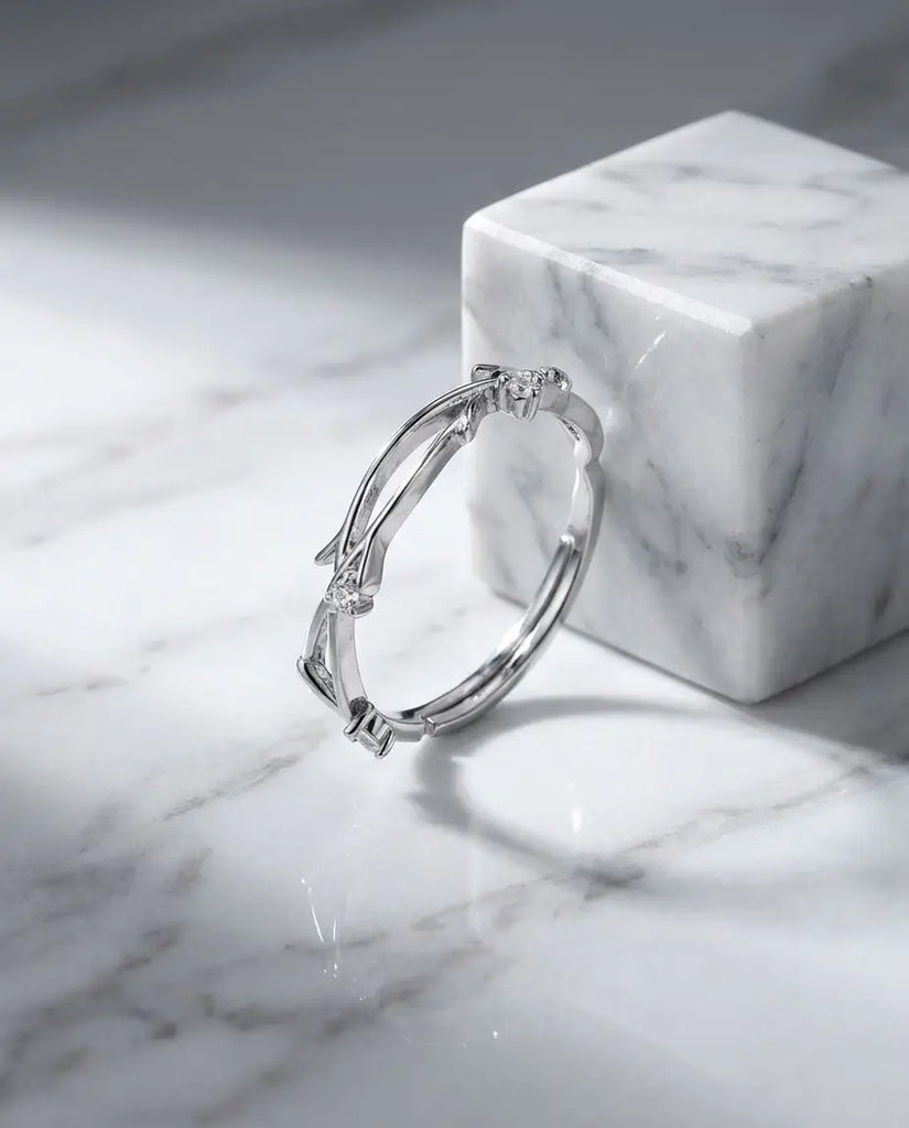 Nature-Inspired Moss Agate Ring Set - Adjustable Twig Design in Sterling Silver IfShe Jewelry