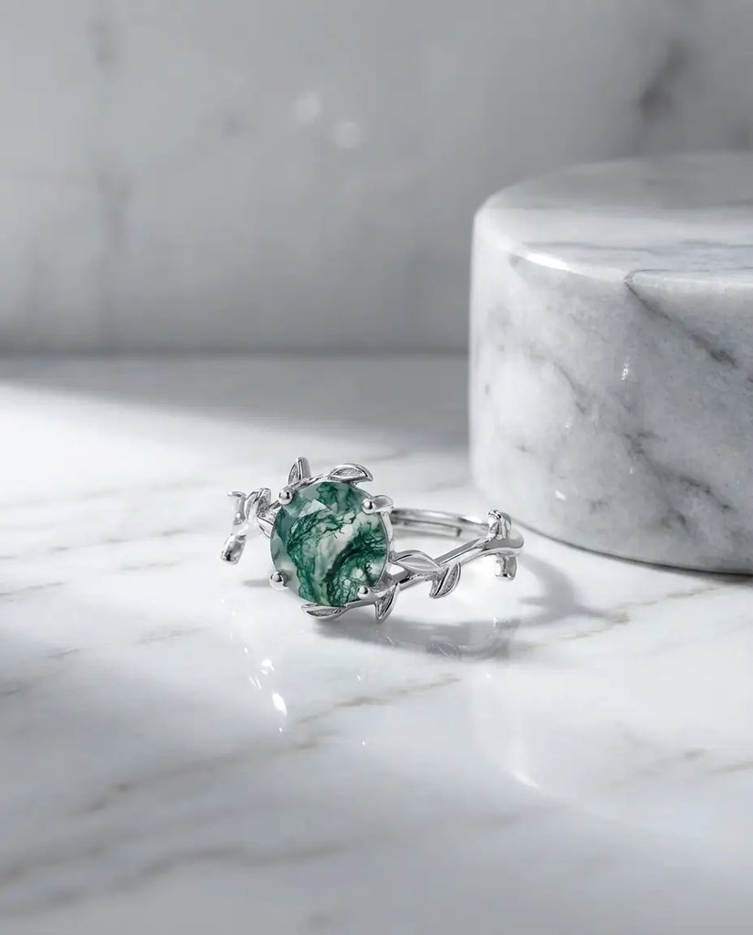 Nature-Inspired Moss Agate Ring Set - Adjustable Twig Design in Sterling Silver IfShe Jewelry