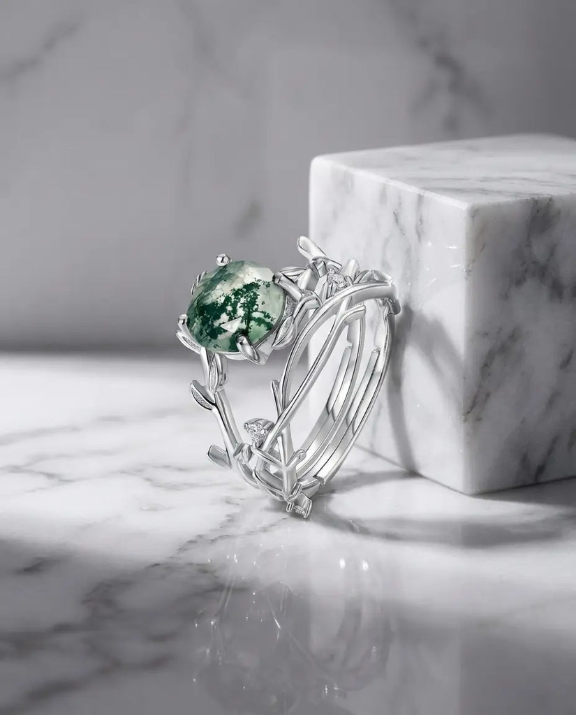 Nature-Inspired Moss Agate Ring Set - Adjustable Twig Design in Sterling Silver IfShe Jewelry