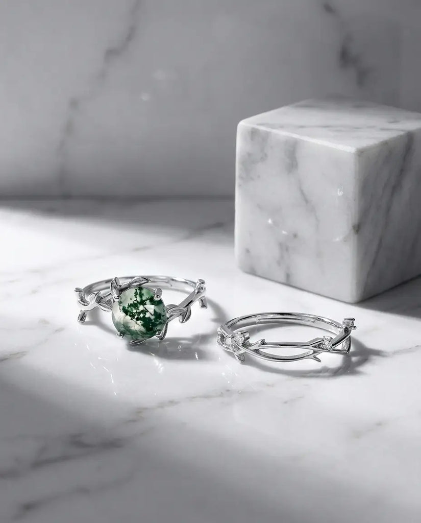 Nature-Inspired Moss Agate Ring Set - Adjustable Twig Design in Sterling Silver IfShe Jewelry