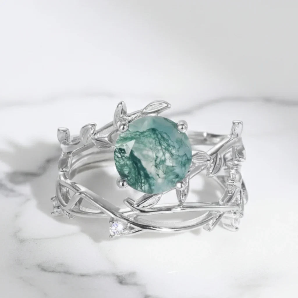 Olive Branch Moss Agate Wedding Ring Set