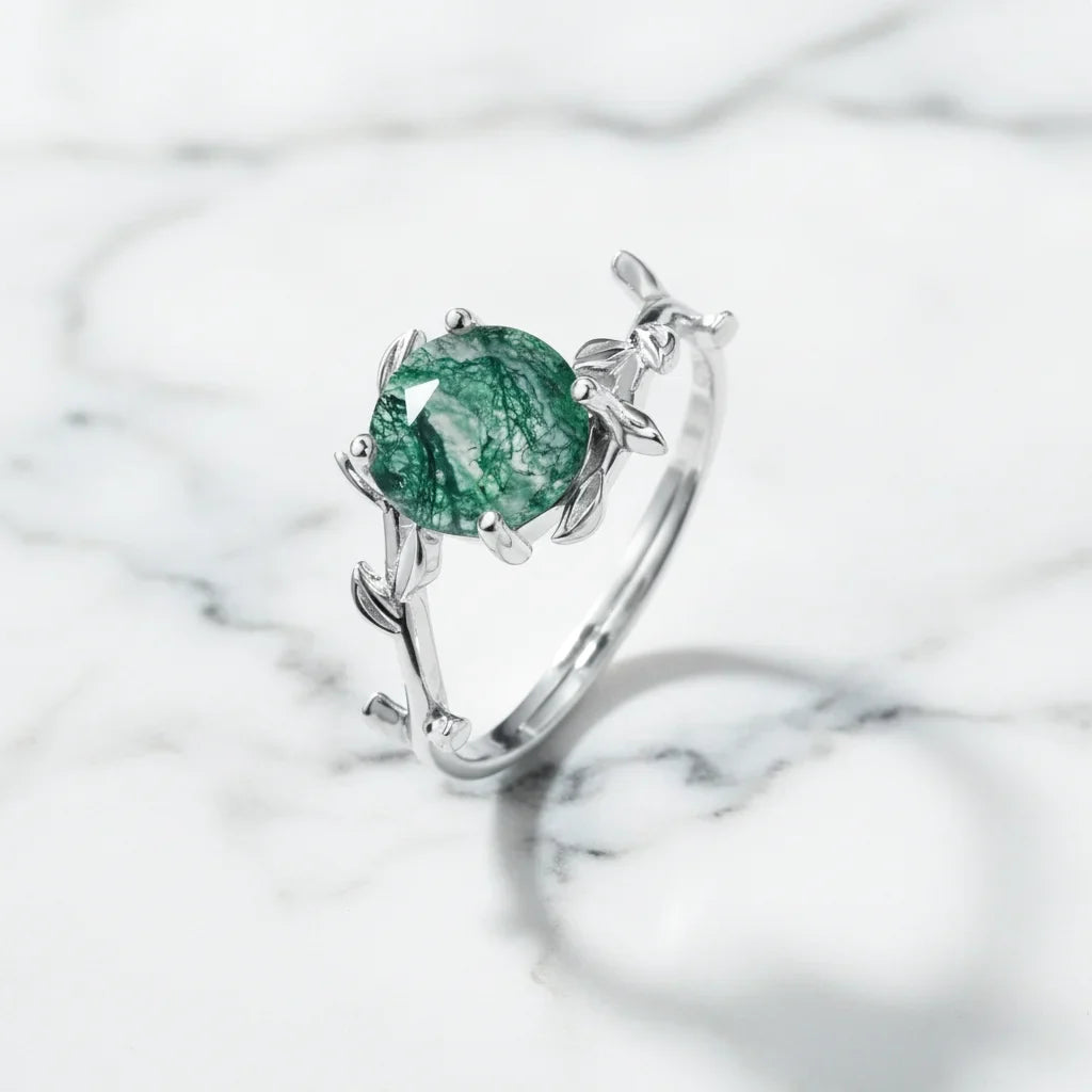 Olive Branch Moss Agate Wedding Ring Set