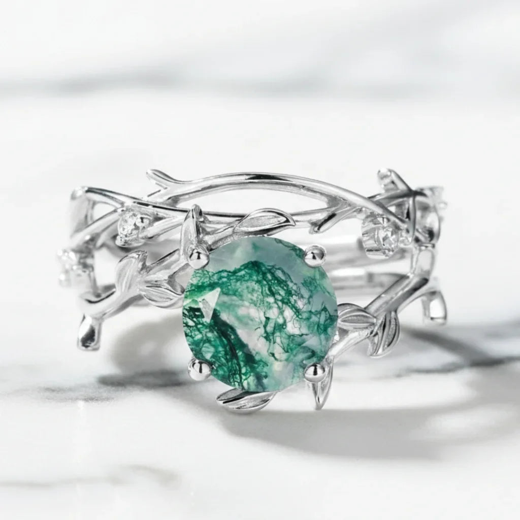 Olive Branch Moss Agate Wedding Ring Set